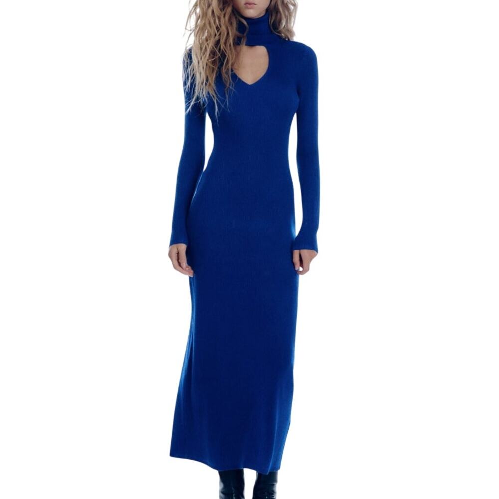 Zara Ribbed Knit Cobalt Blue Maxi Cut Out Turtleneck Chic Bold Sweater Dress